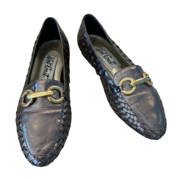 Vintage West Coast Woven Slip On Flats Loafers Pewter Gold Horse-bit Huaraches 9 - Picture 1 of 7
